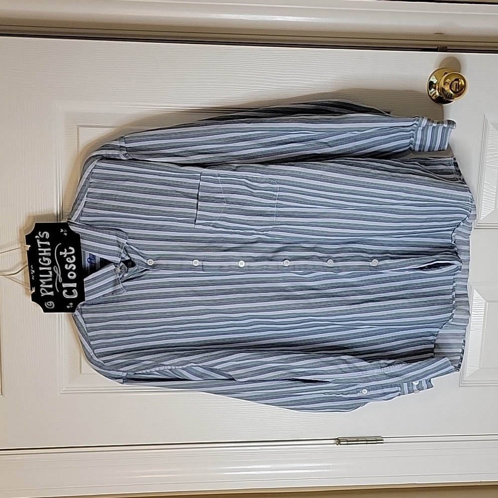 Alan Flusser Dress Shirt XL Stripes Blue Green White Long Sleeve